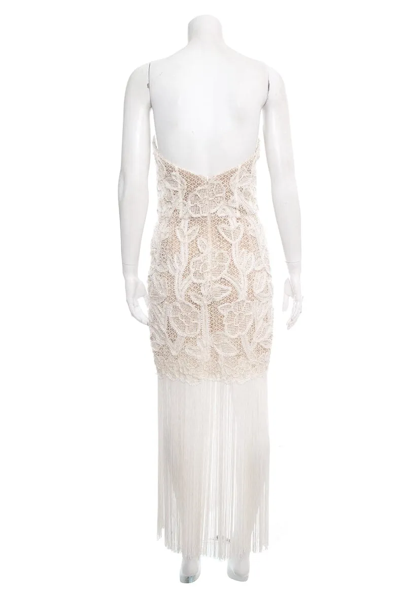 Oscar de la Renta White Lace Strapless Fringe Detail Dress SZ 6