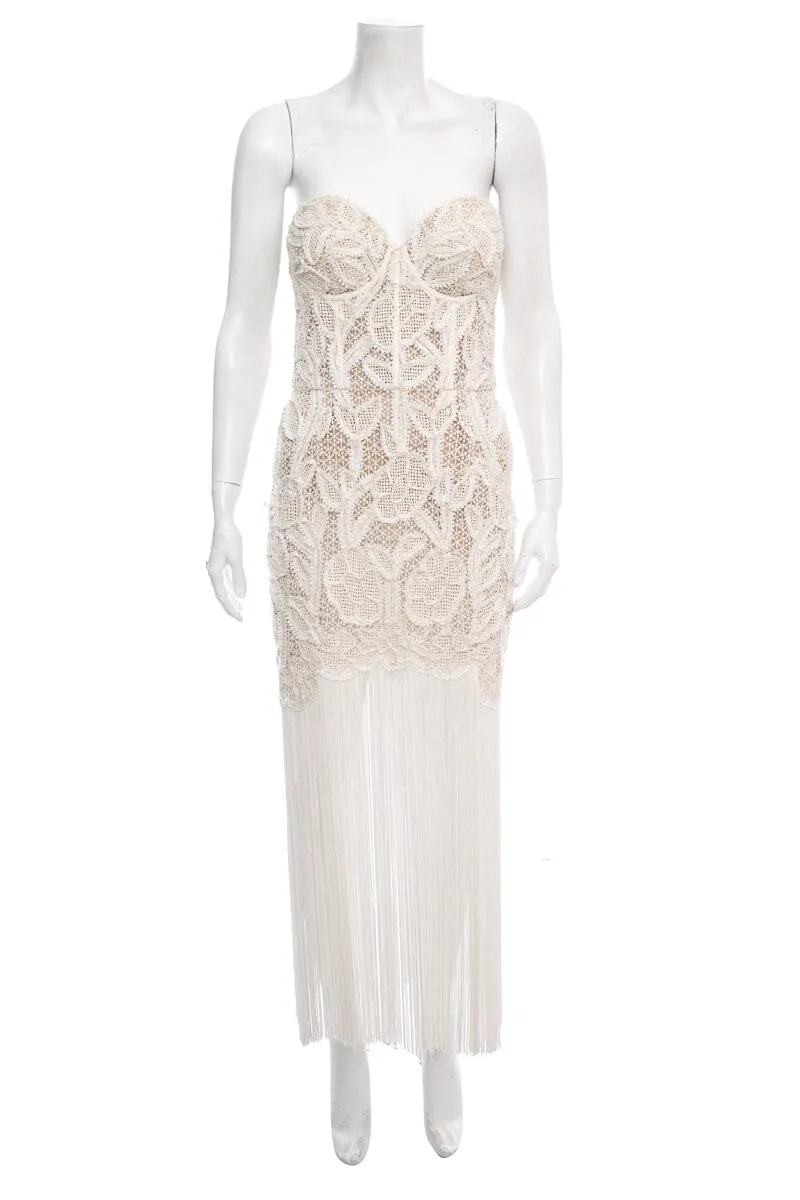Oscar de la Renta White Lace Strapless Fringe Detail Dress SZ 6