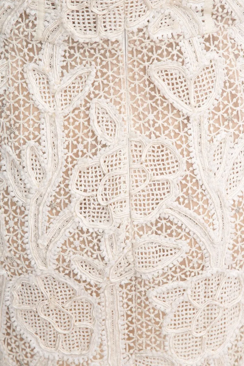Oscar de la Renta White Lace Strapless Fringe Detail Dress SZ 6