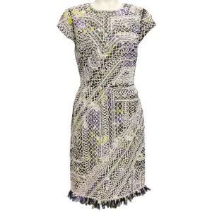 Oscar de la Renta White Multi Silk Lace Fringe Dress