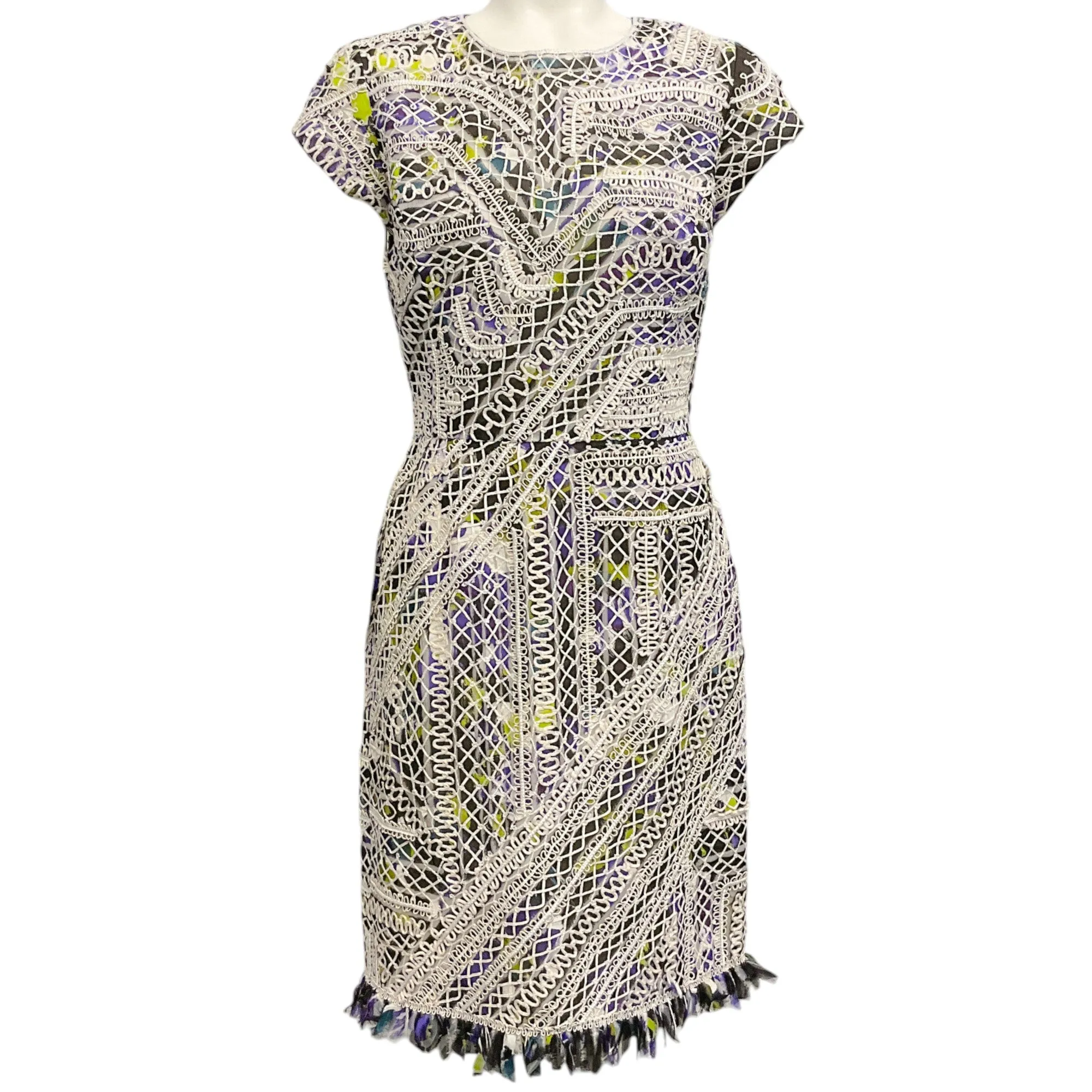 Oscar de la Renta White Multi Silk Lace Fringe Dress