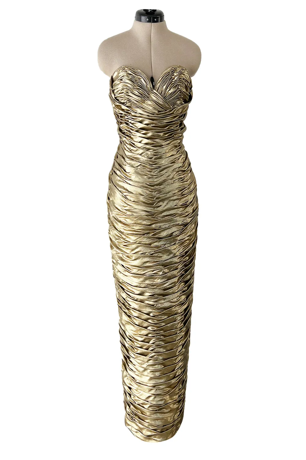 Outstanding 1984 Vicky Tiel Couture Metallic Gold Lame Gathered & Draped Strapless Dress