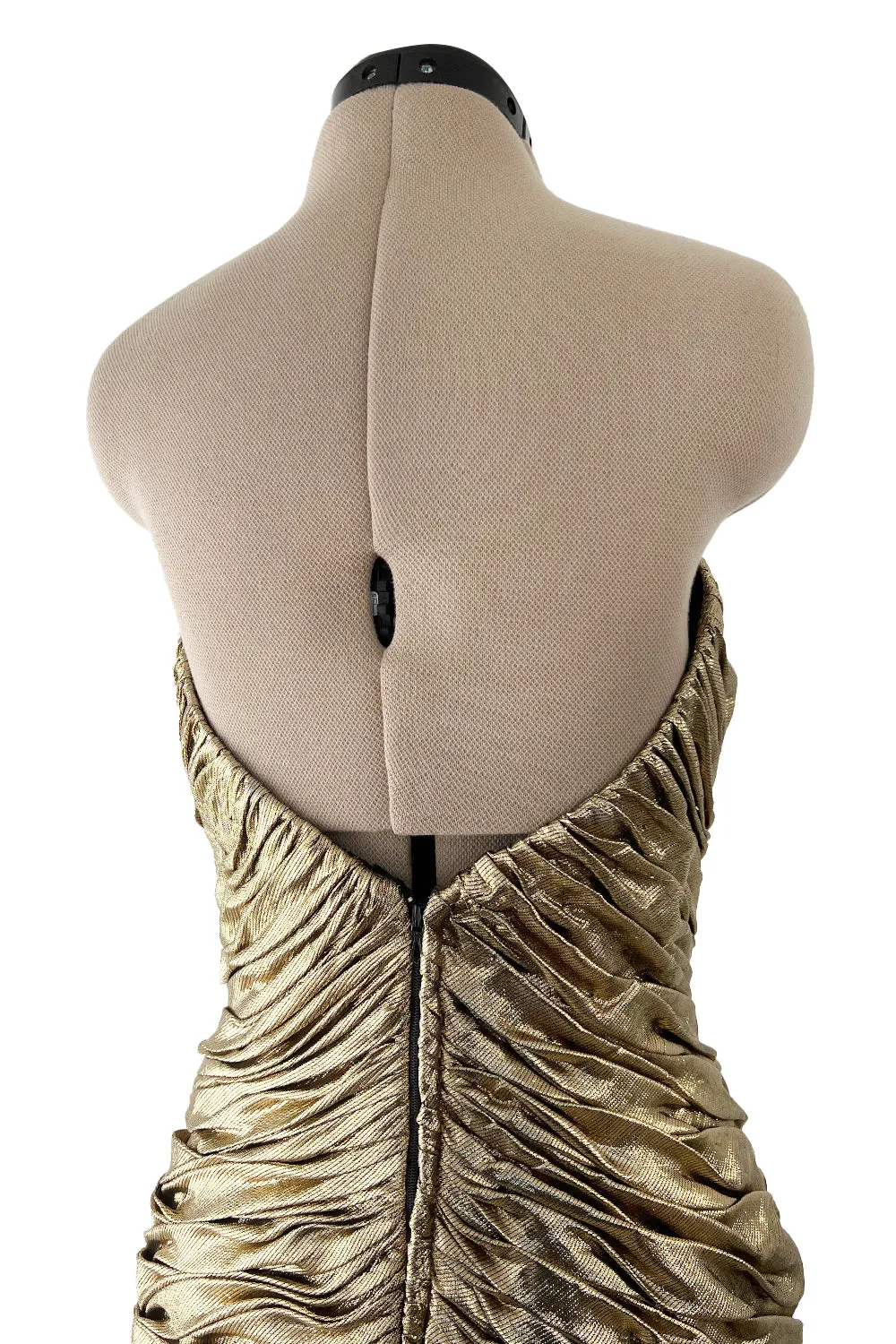 Outstanding 1984 Vicky Tiel Couture Metallic Gold Lame Gathered & Draped Strapless Dress