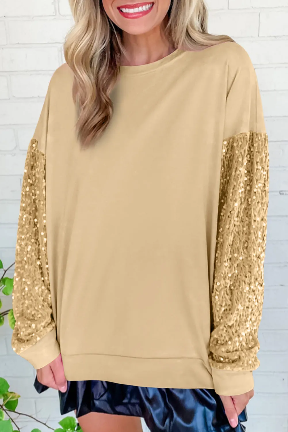 Pale Khaki Sequin Patchwork Long Sleeve Pullover Top