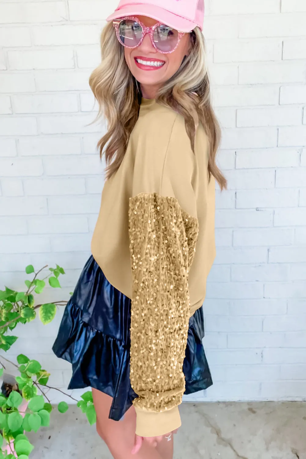 Pale Khaki Sequin Patchwork Long Sleeve Pullover Top