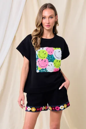 Patch Smile Sequin Black Top