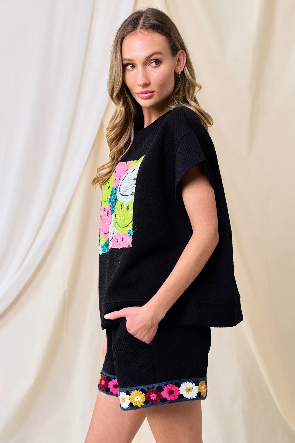 Patch Smile Sequin Black Top
