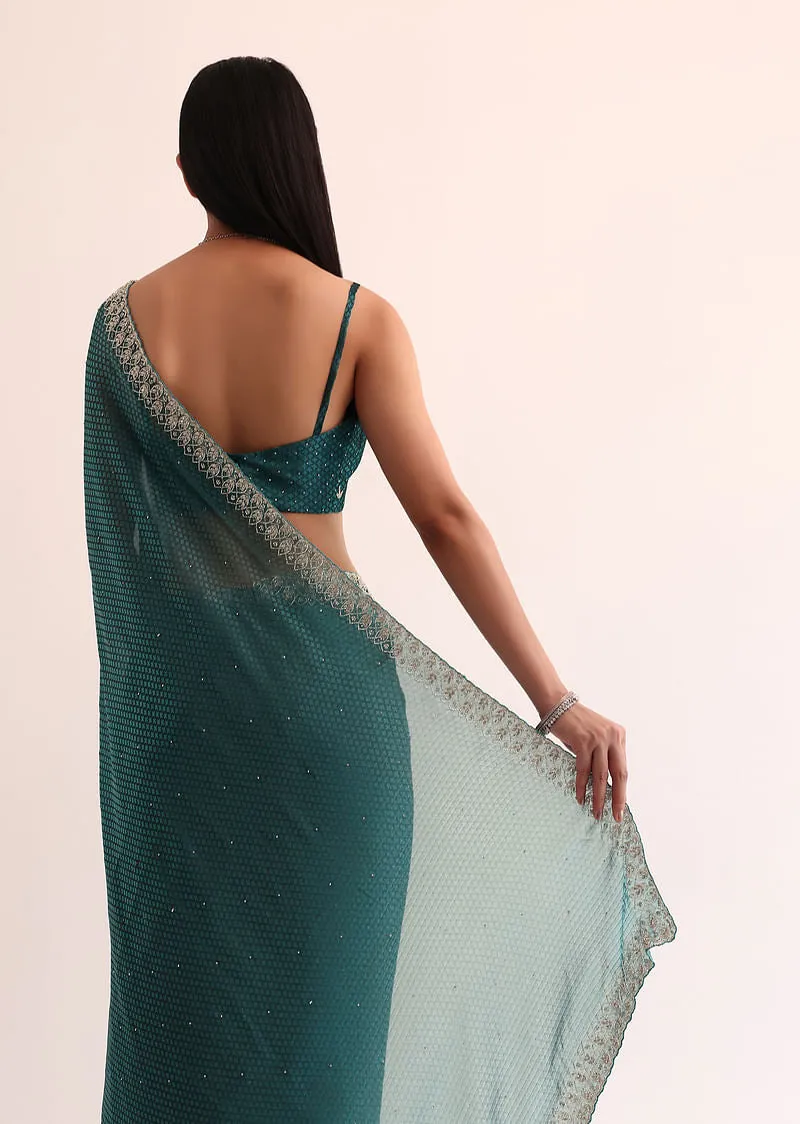 Peacock Blue Organza Saree With Cut Dana Embroidery
