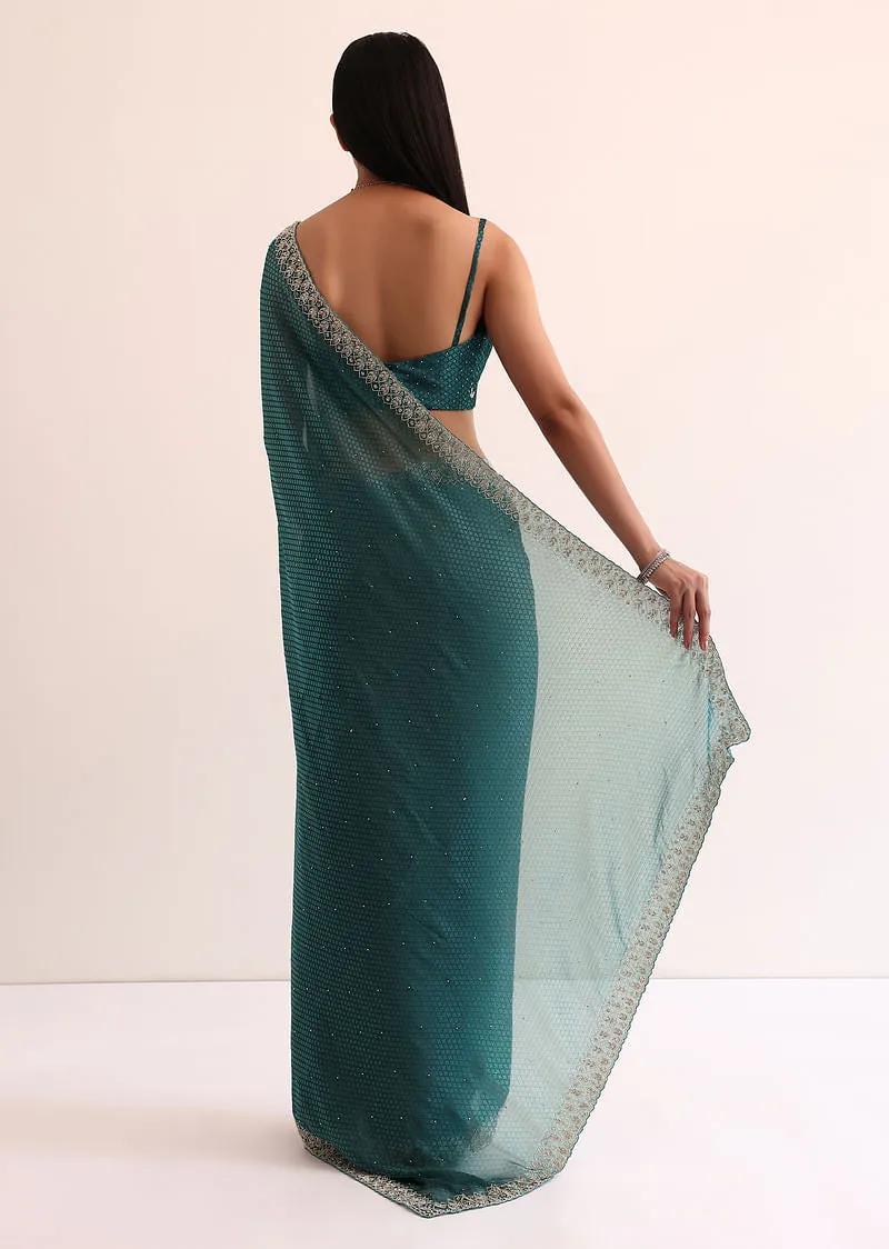 Peacock Blue Organza Saree With Cut Dana Embroidery