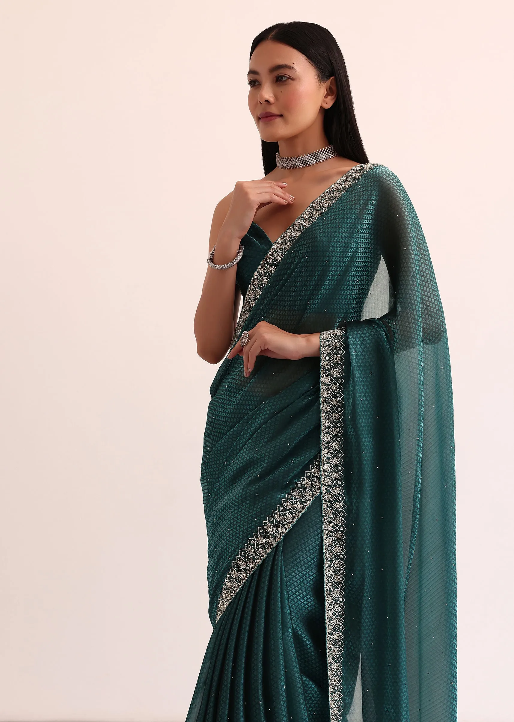 Peacock Blue Organza Saree With Cut Dana Embroidery