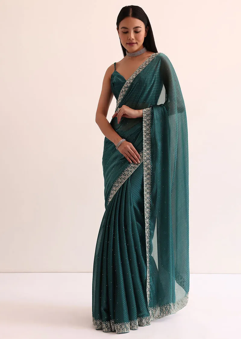 Peacock Blue Organza Saree With Cut Dana Embroidery