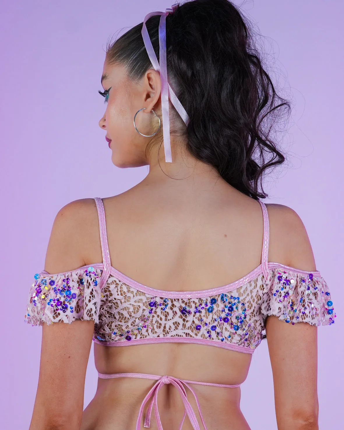 Pink Blush Sequin Net Ruffle Top