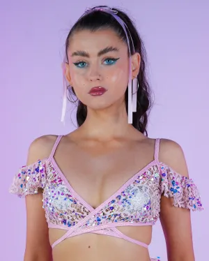 Pink Blush Sequin Net Ruffle Top