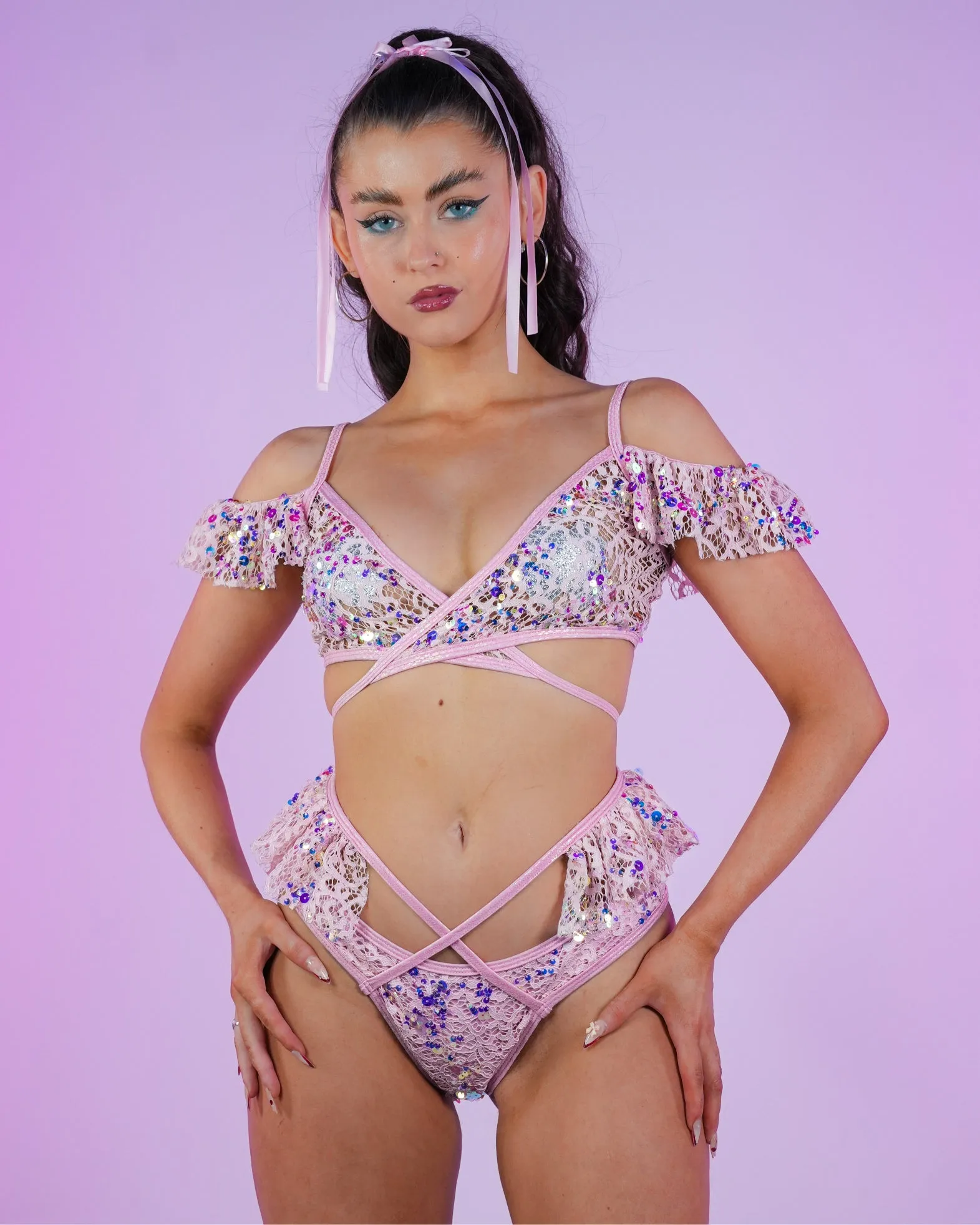 Pink Blush Sequin Net Ruffle Top