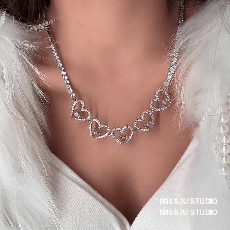 Pink Crystal Hollow Heart Necklace