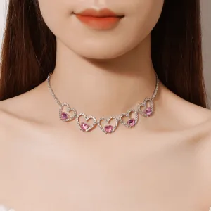 Pink Crystal Hollow Heart Necklace