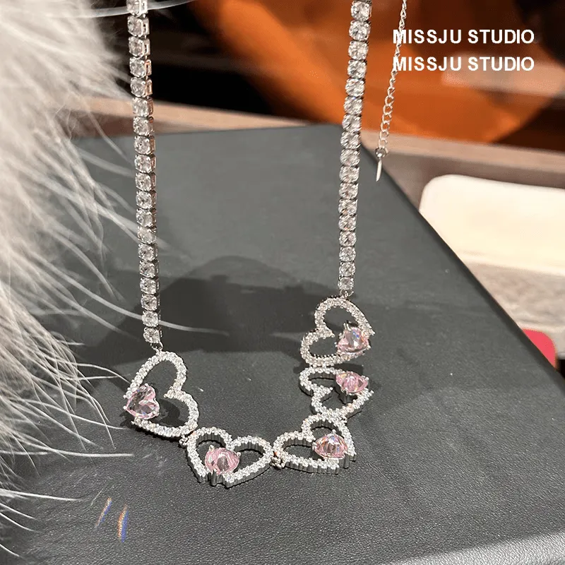 Pink Crystal Hollow Heart Necklace