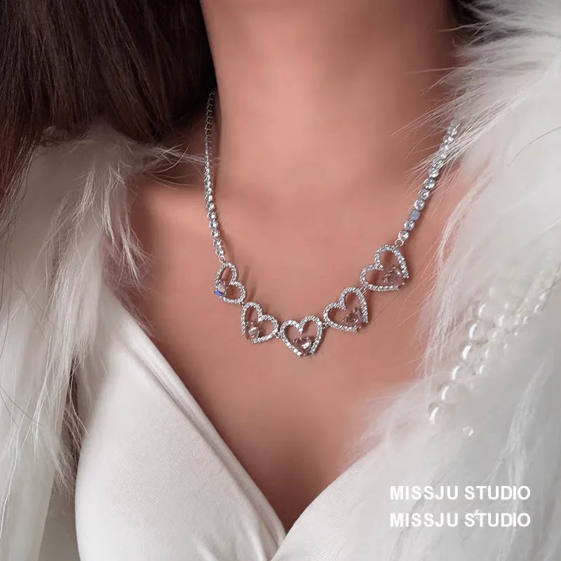 Pink Crystal Hollow Heart Necklace
