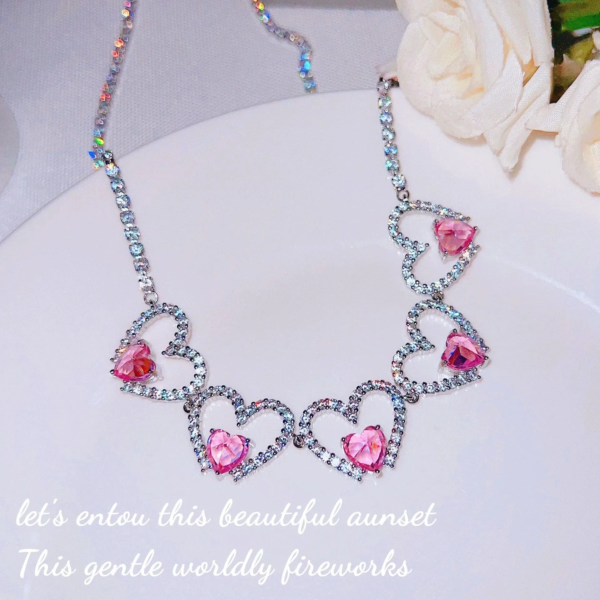 Pink Crystal Hollow Heart Necklace