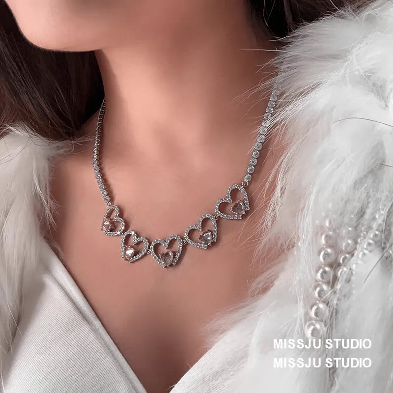 Pink Crystal Hollow Heart Necklace