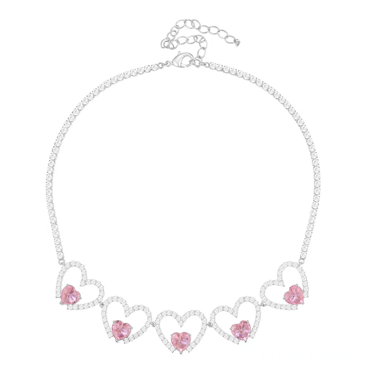 Pink Crystal Hollow Heart Necklace