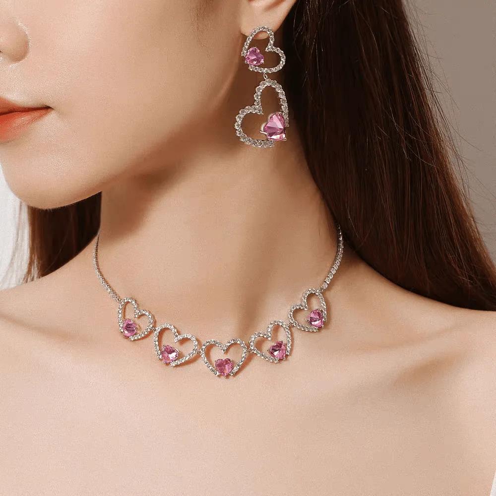 Pink Crystal Hollow Heart Necklace