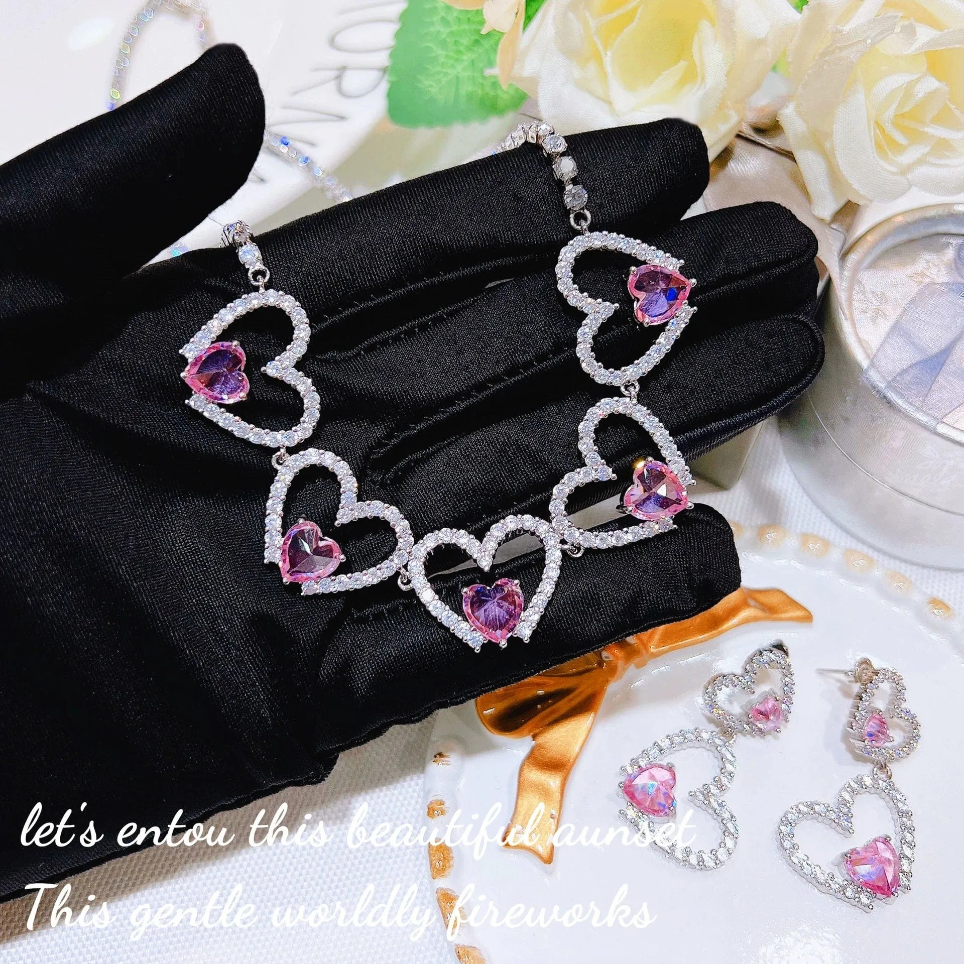 Pink Crystal Hollow Heart Necklace
