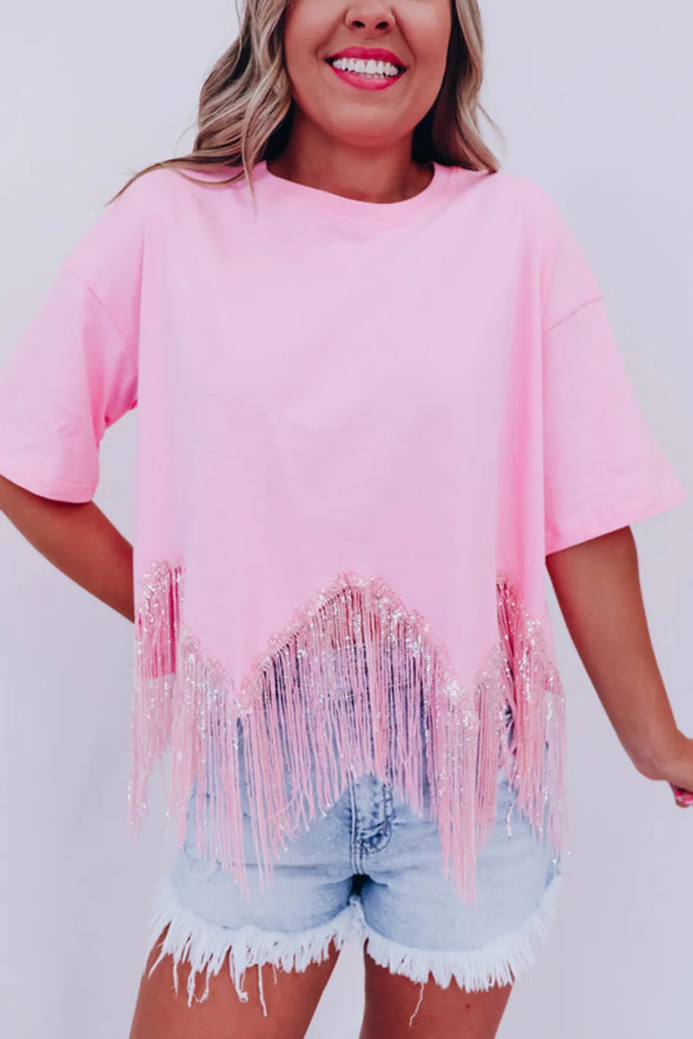 Pink   Fringed Sequin Crop T-shirt