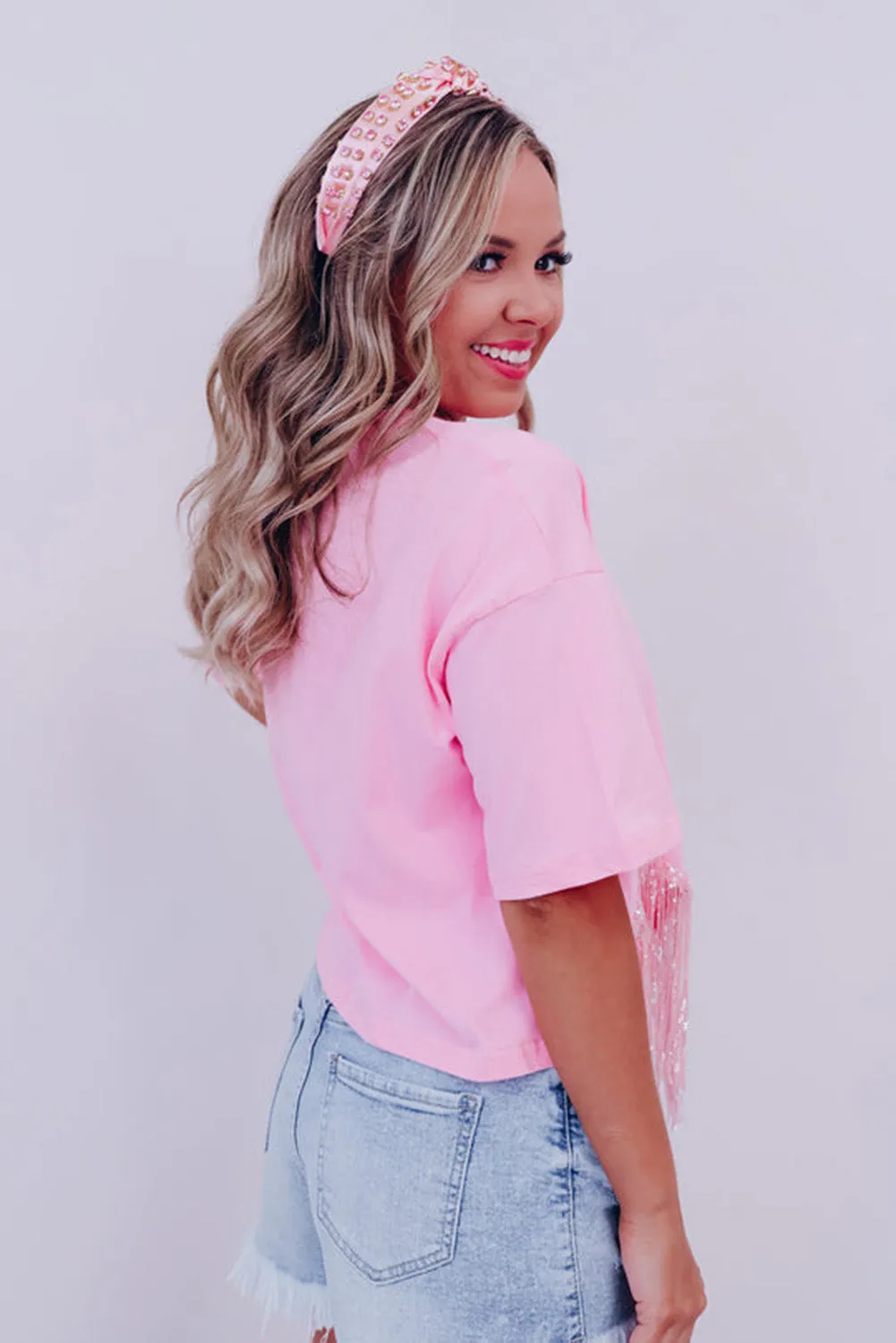 Pink   Fringed Sequin Crop T-shirt