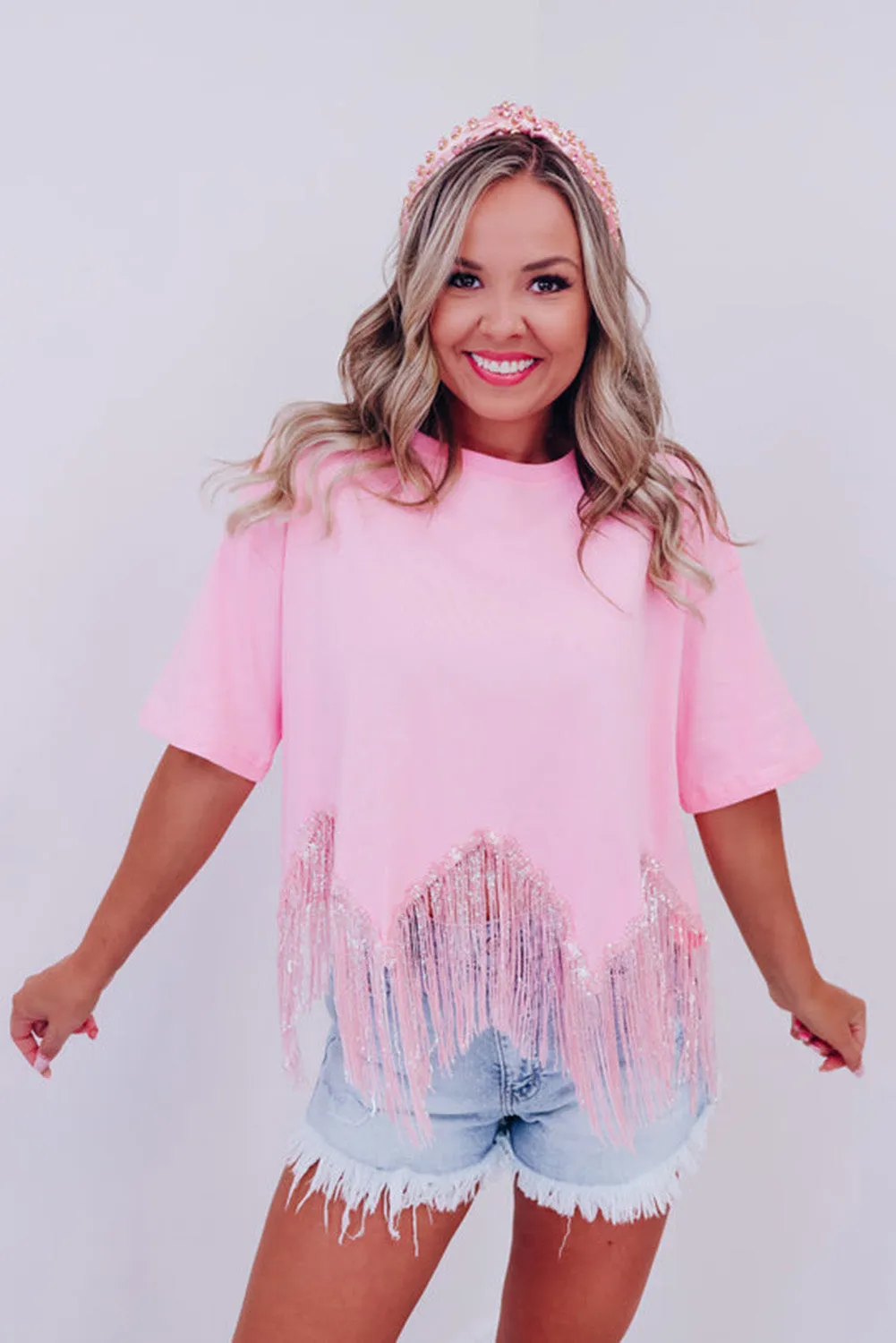 Pink   Fringed Sequin Crop T-shirt