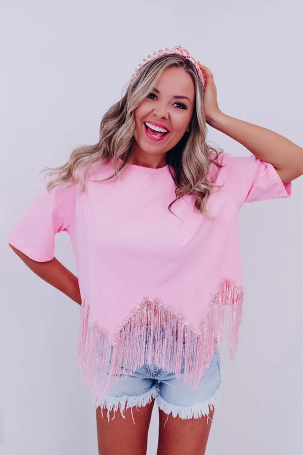 Pink   Fringed Sequin Crop T-shirt