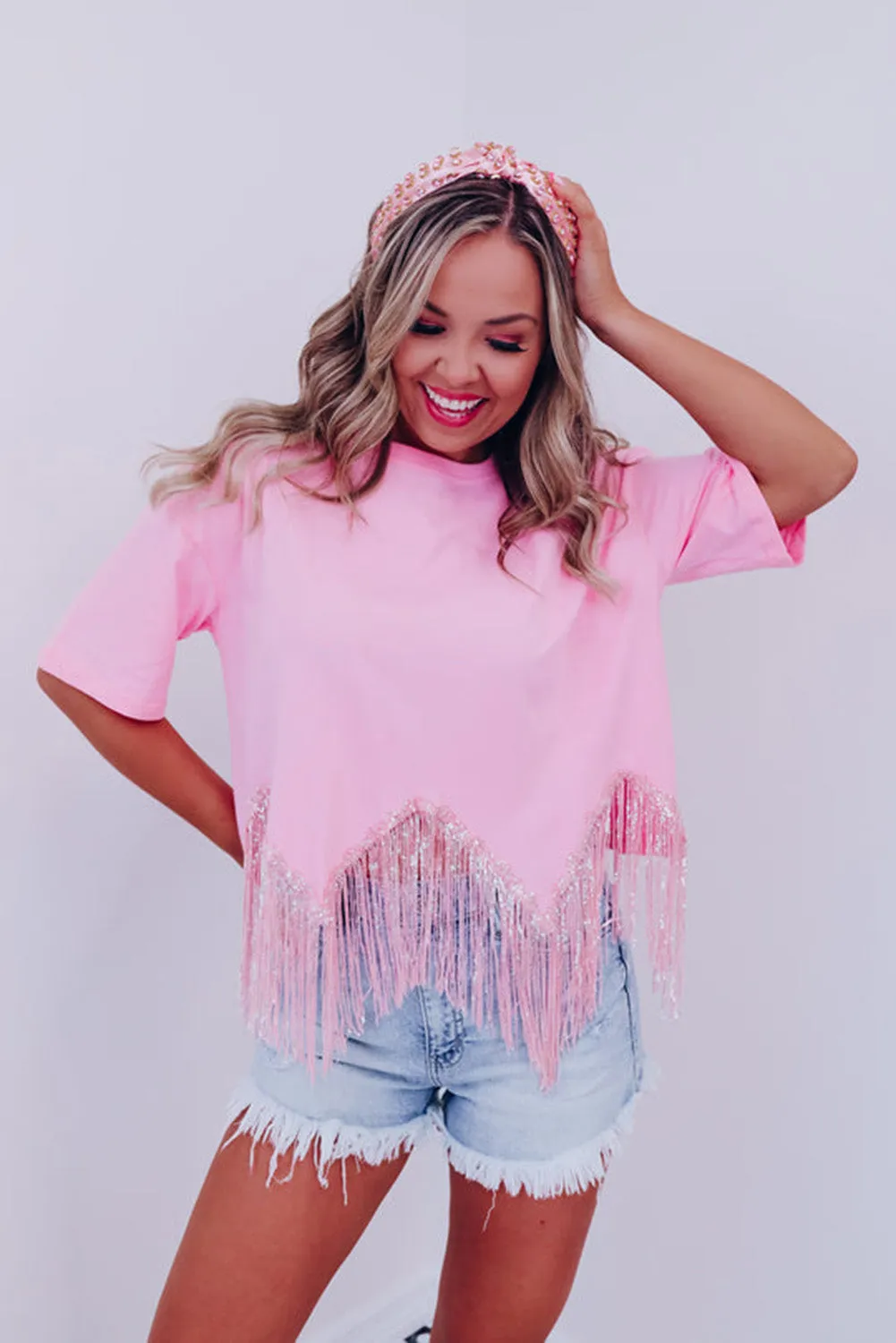 Pink   Fringed Sequin Crop T-shirt