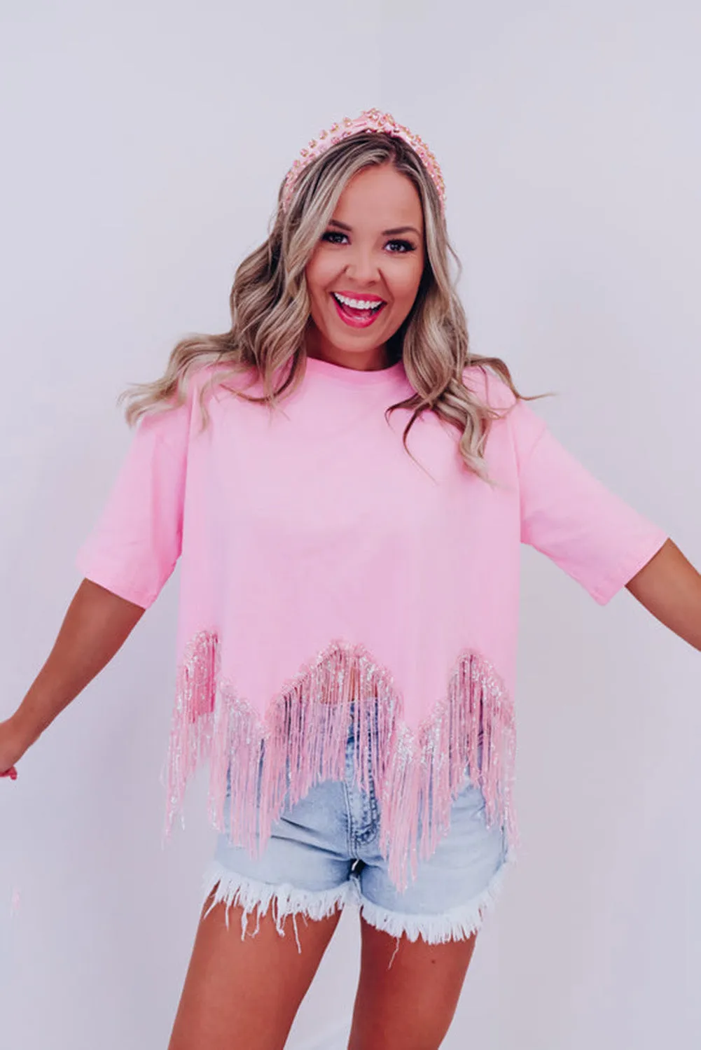 Pink   Fringed Sequin Crop T-shirt