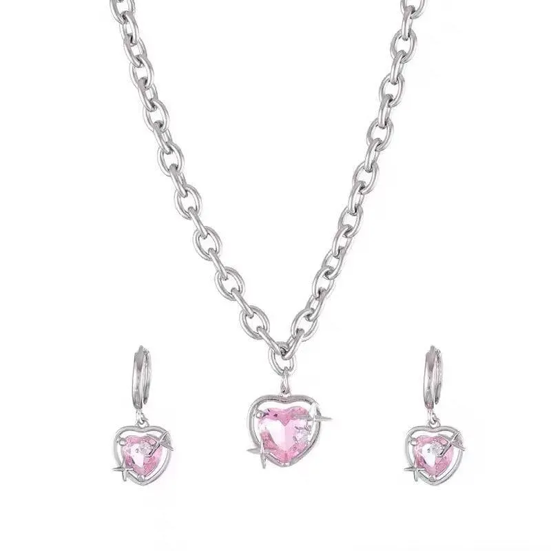 Pink Heart Star Necklace Earrings Set