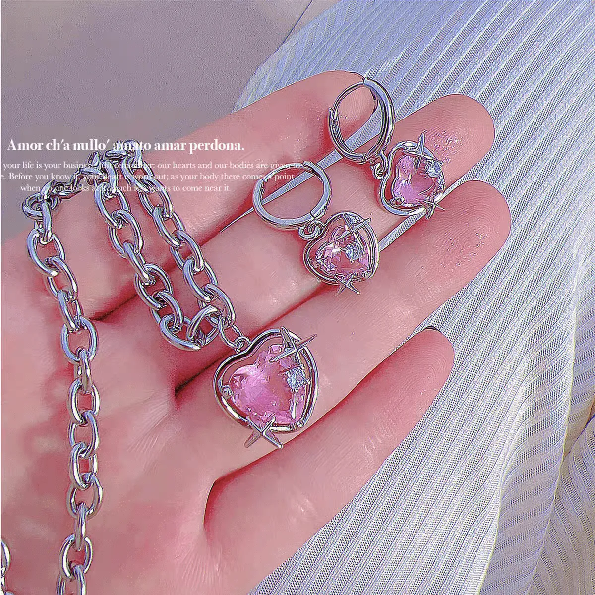 Pink Heart Star Necklace Earrings Set