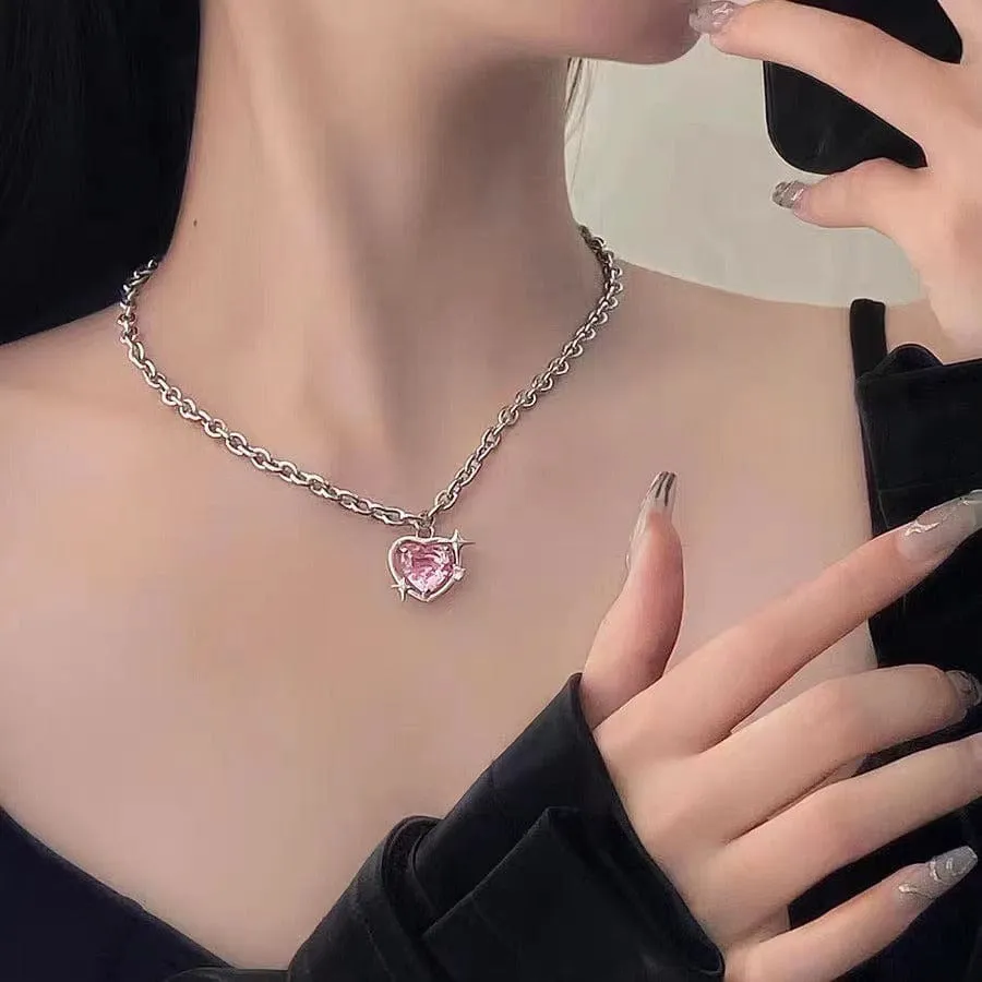 Pink Heart Star Necklace Earrings Set