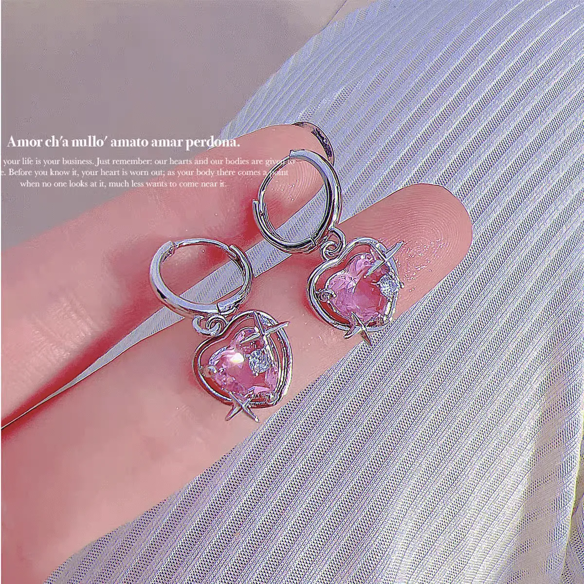 Pink Heart Star Necklace Earrings Set