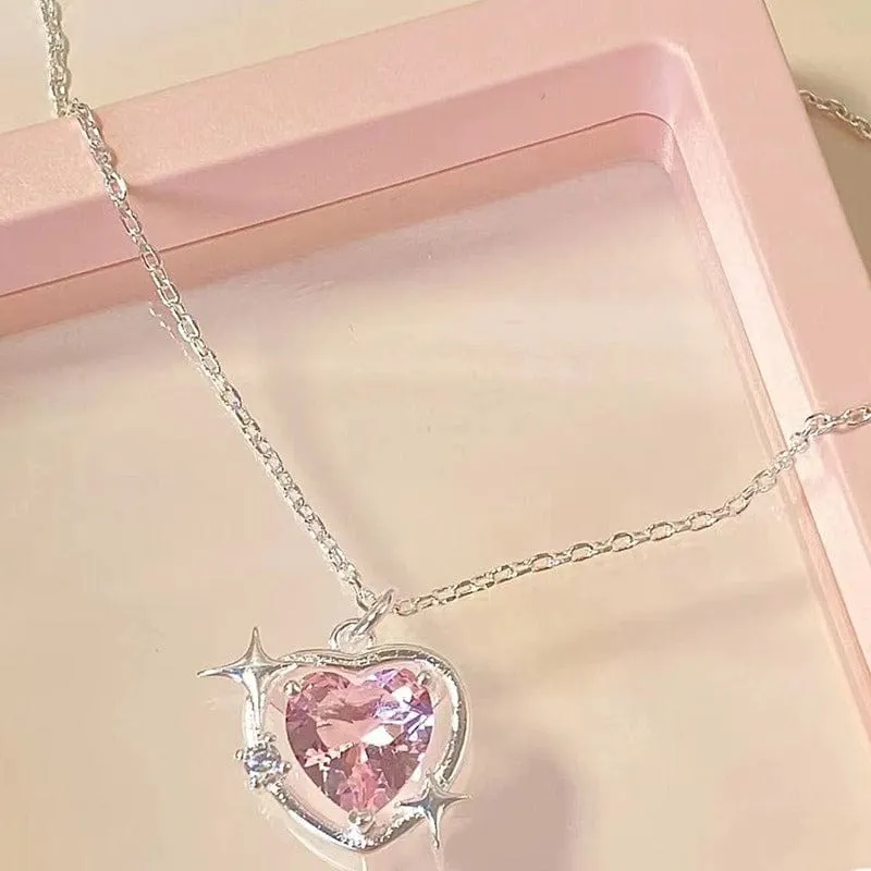 Pink Heart Star Necklace Earrings Set