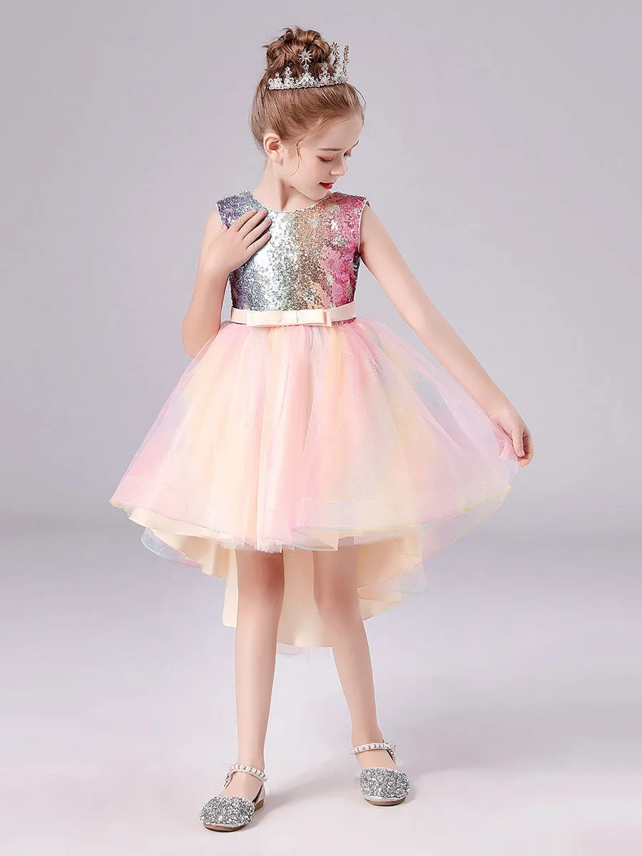Pink Jewel Neck Tulle Sleeveless Short Princess Dress Bows Formal Kids Pageant flower girl dresses