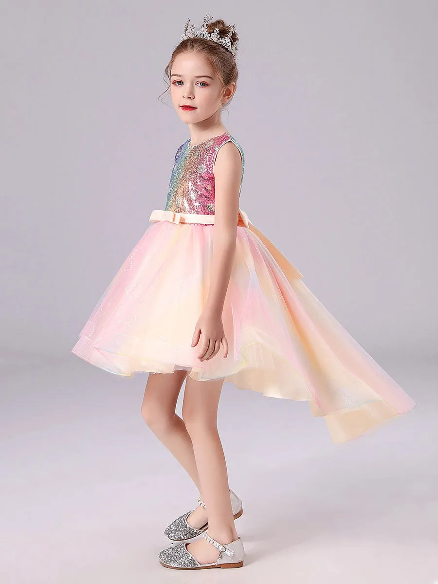 Pink Jewel Neck Tulle Sleeveless Short Princess Dress Bows Formal Kids Pageant flower girl dresses