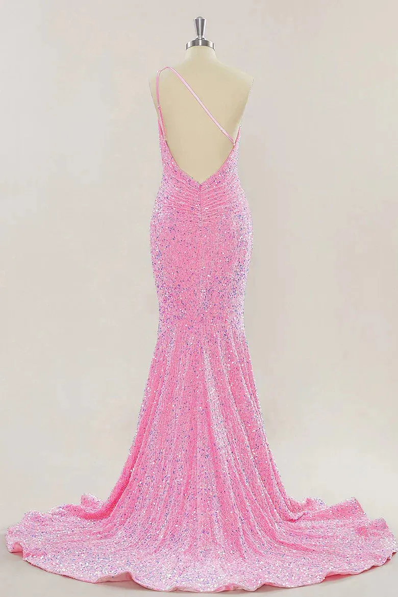 Pink Long Prom Dresses One Shoulder Sequins Formal Gown Mermaid