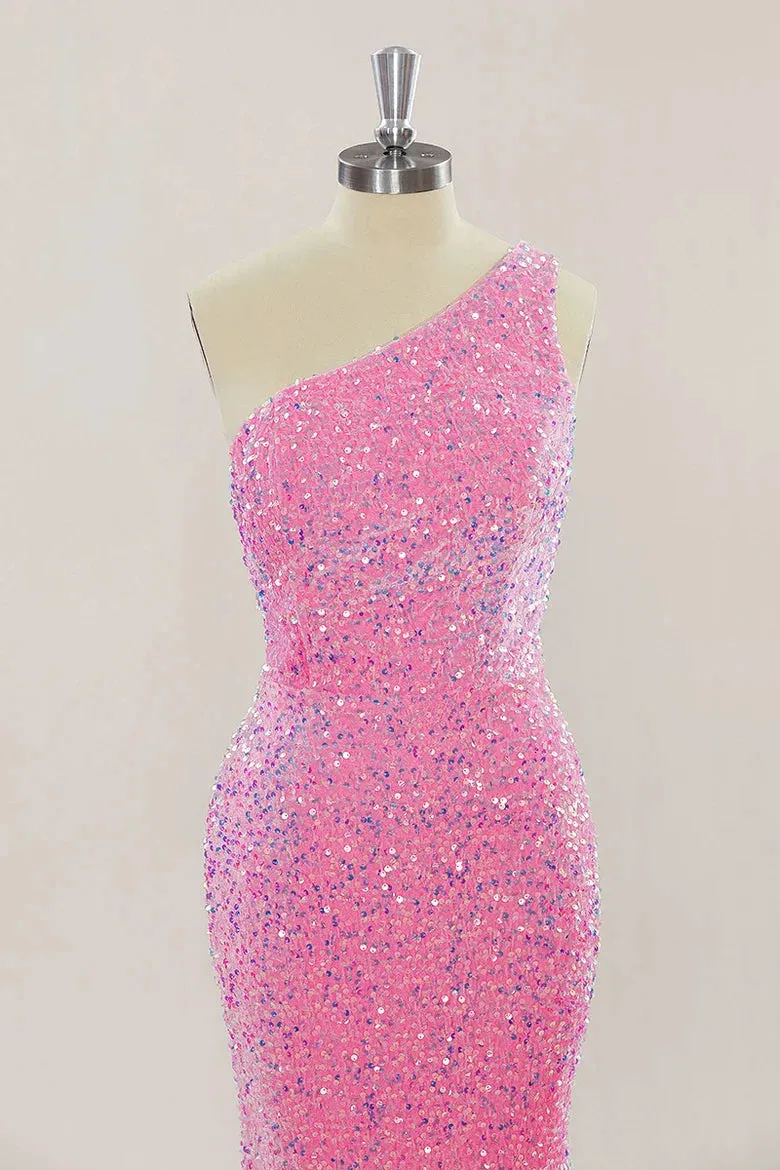 Pink Long Prom Dresses One Shoulder Sequins Formal Gown Mermaid