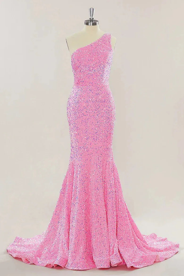 Pink Long Prom Dresses One Shoulder Sequins Formal Gown Mermaid
