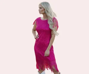 Pink sequin dress with fringe sleeves