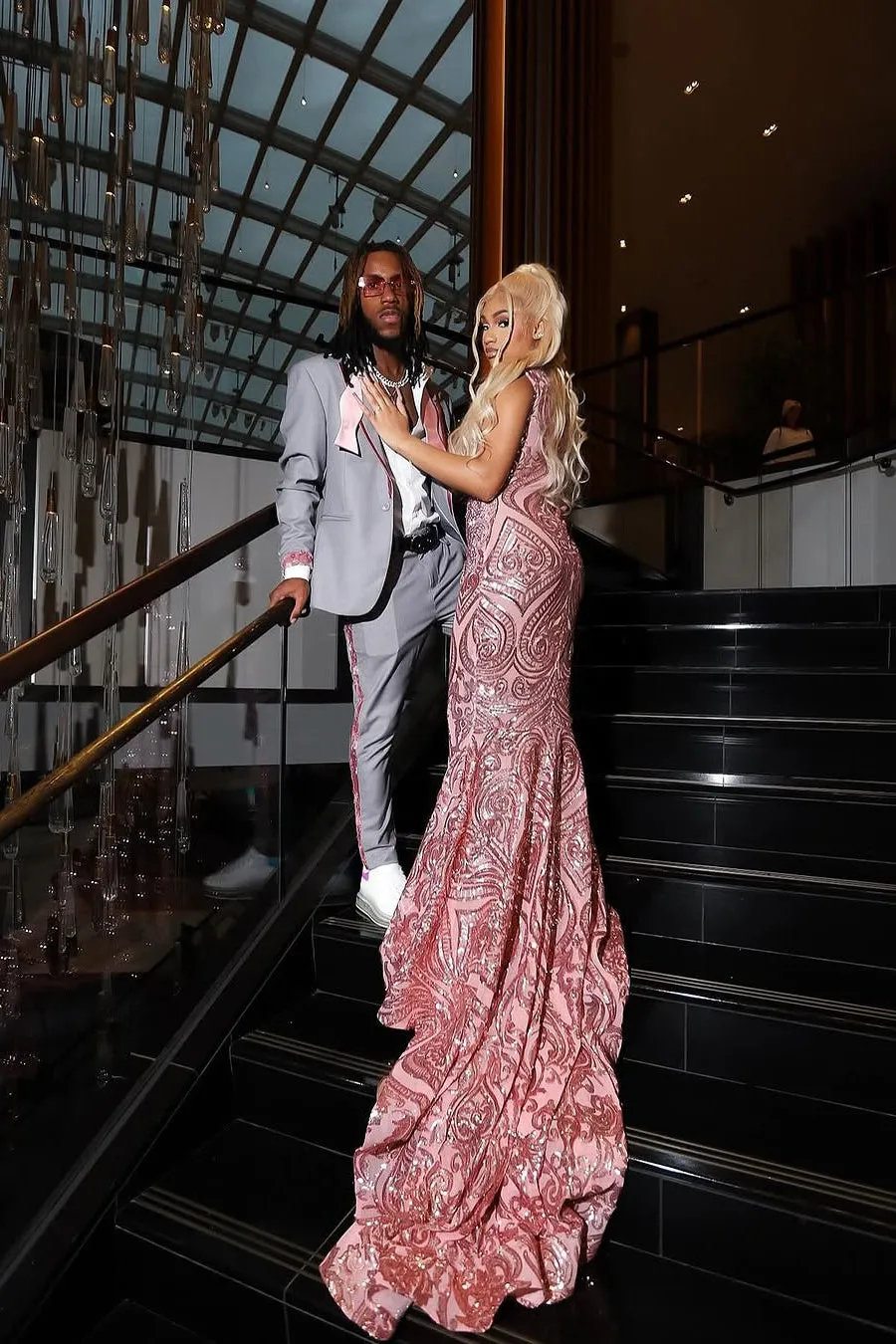 Pink Sequined Column Silver Beaded V-neck Prom Dresses