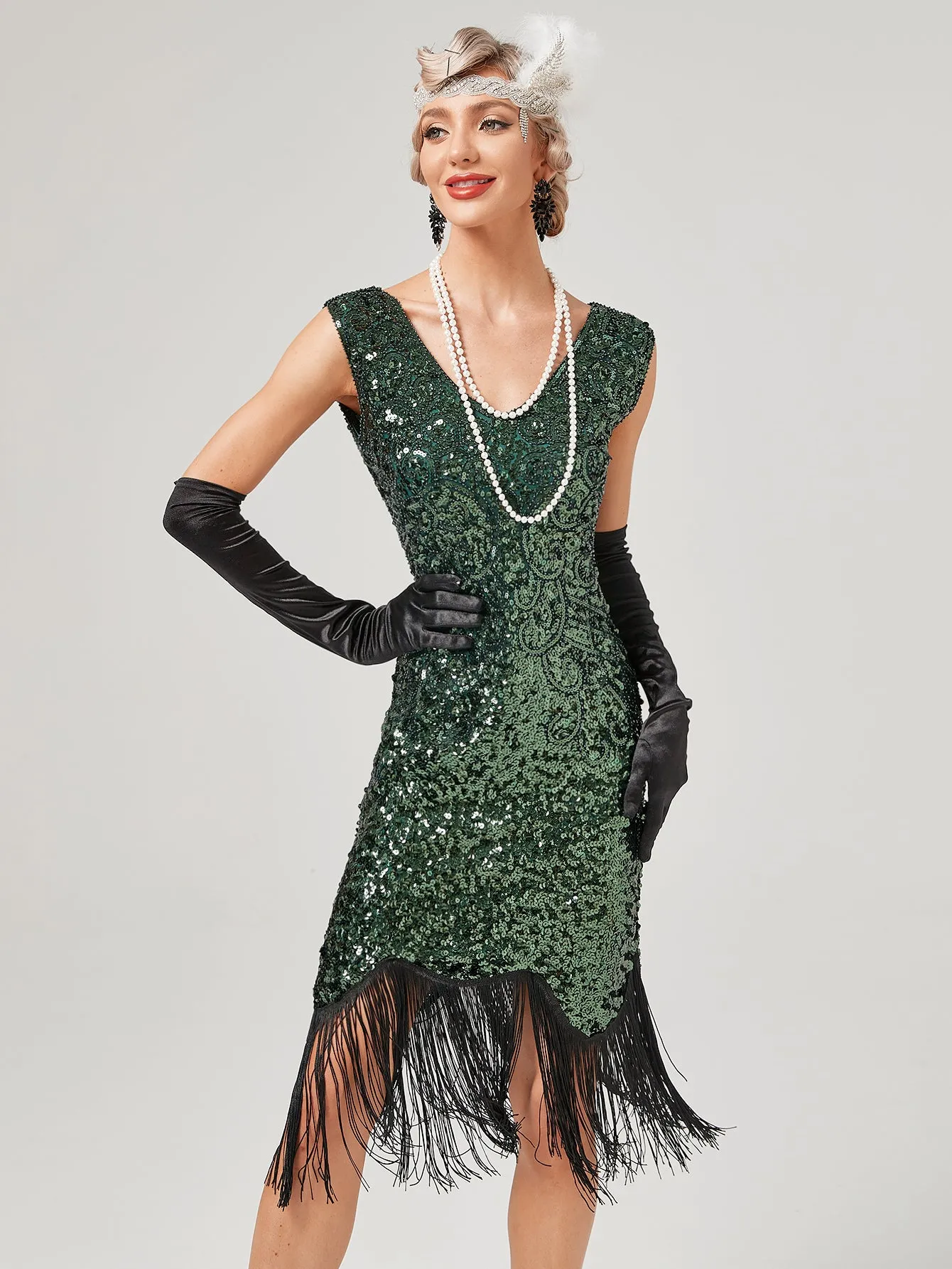 Pink V Neck Sequined Beaded Tassels 1920S Gatsby Dress
