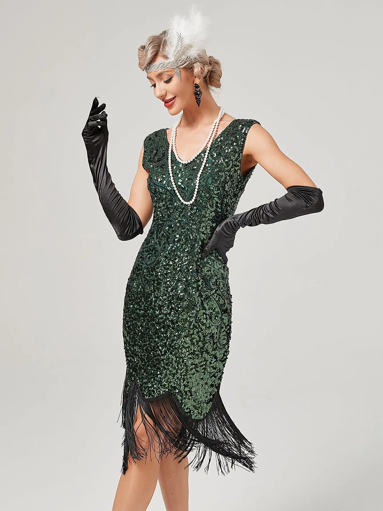 Pink V Neck Sequined Beaded Tassels 1920S Gatsby Dress