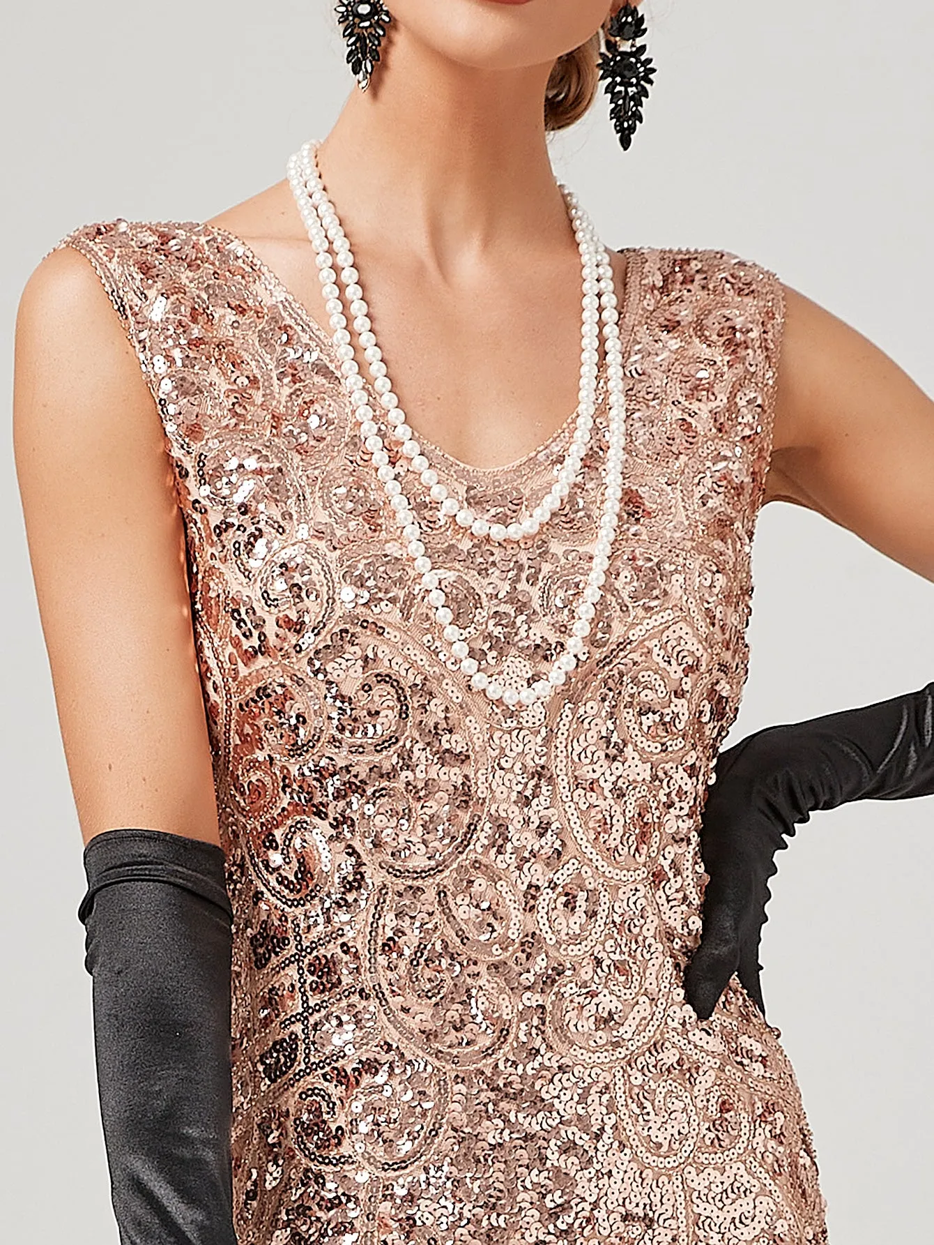 Pink V Neck Sequined Beaded Tassels 1920S Gatsby Dress