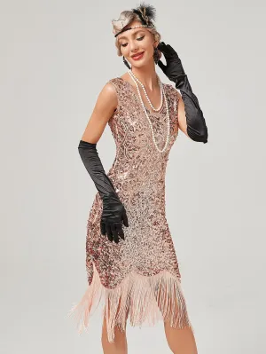 Pink V Neck Sequined Beaded Tassels 1920S Gatsby Dress