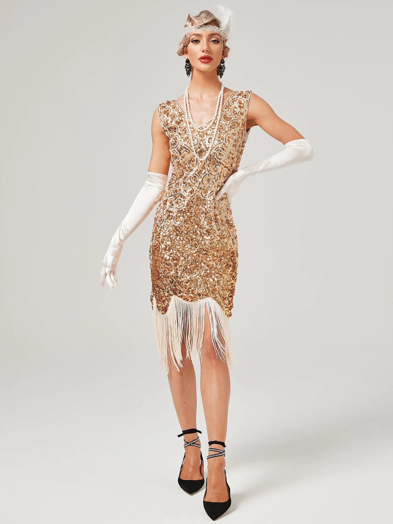 Pink V Neck Sequined Beaded Tassels 1920S Gatsby Dress